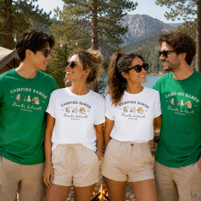 Camping T-Shirt „Camping Bande“ personalisiert mit Familienname, Ort und Jahr
