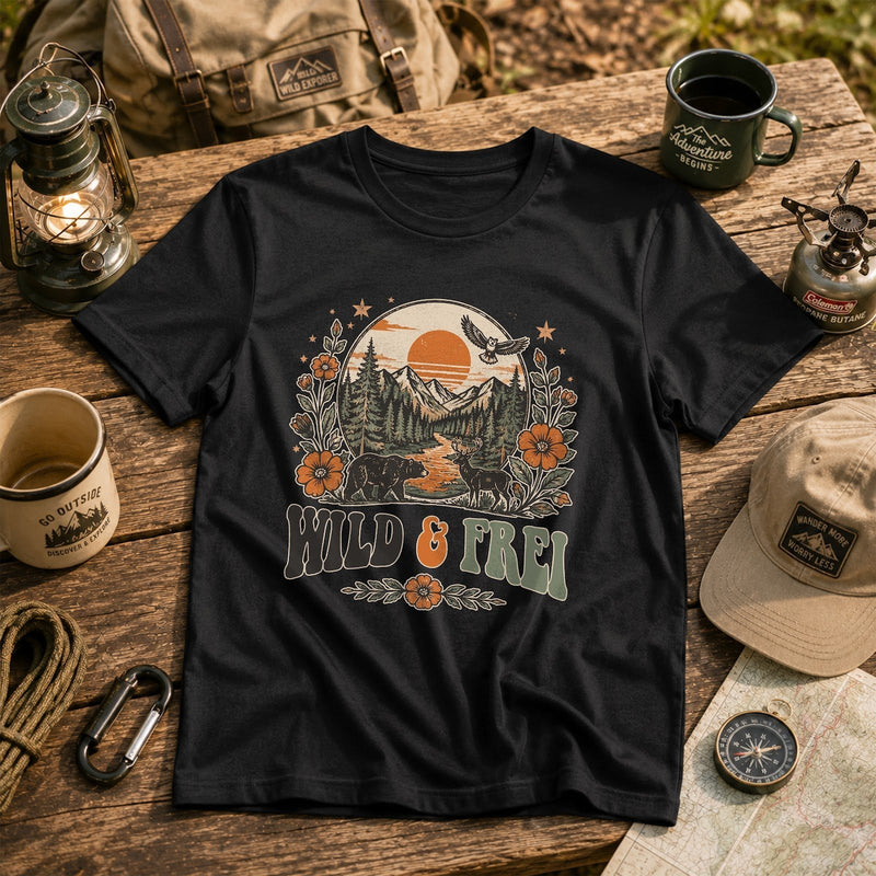 Camping-Shirt „Wild & Frei“ mit Bergen, Sonnenuntergang und Bär
