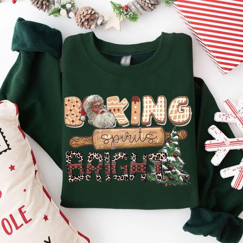 Weihnachtspullover „Baking Spirits Bright“ mit Weihnachtsmann und Nudelholz