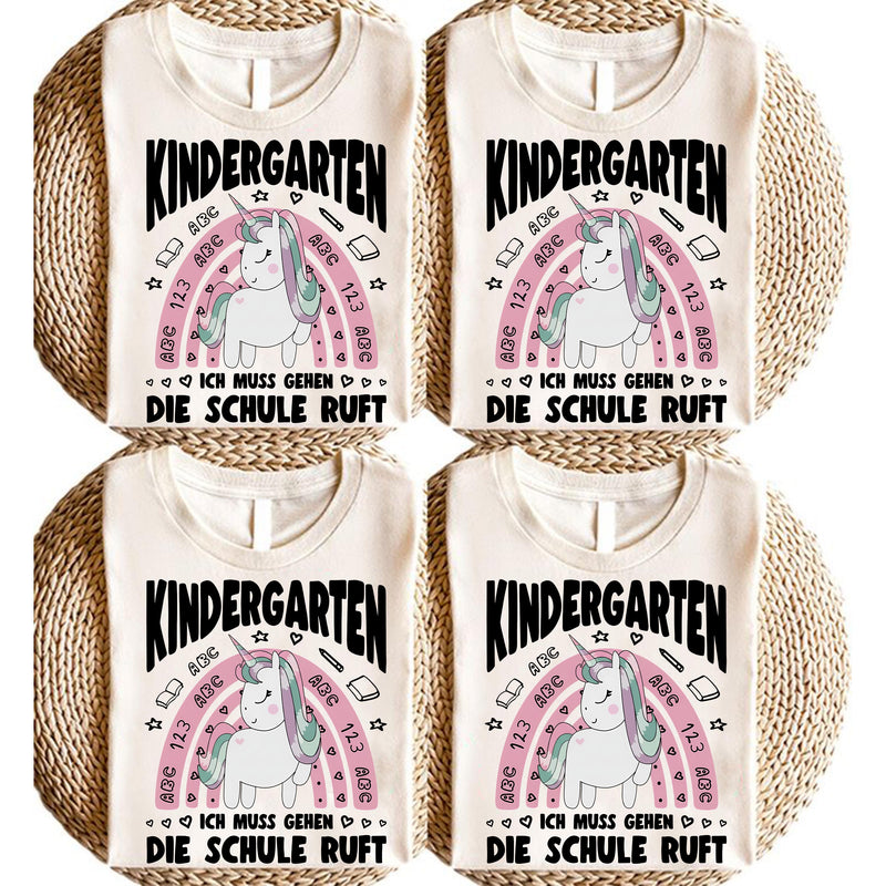 Einhorn-Shirt Einschulung „Kindergarten – Ich muss gehen, die Schule ruft“