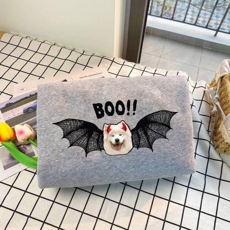 Halloween-Pullover mit Foto deines Hundes „BOO!!“