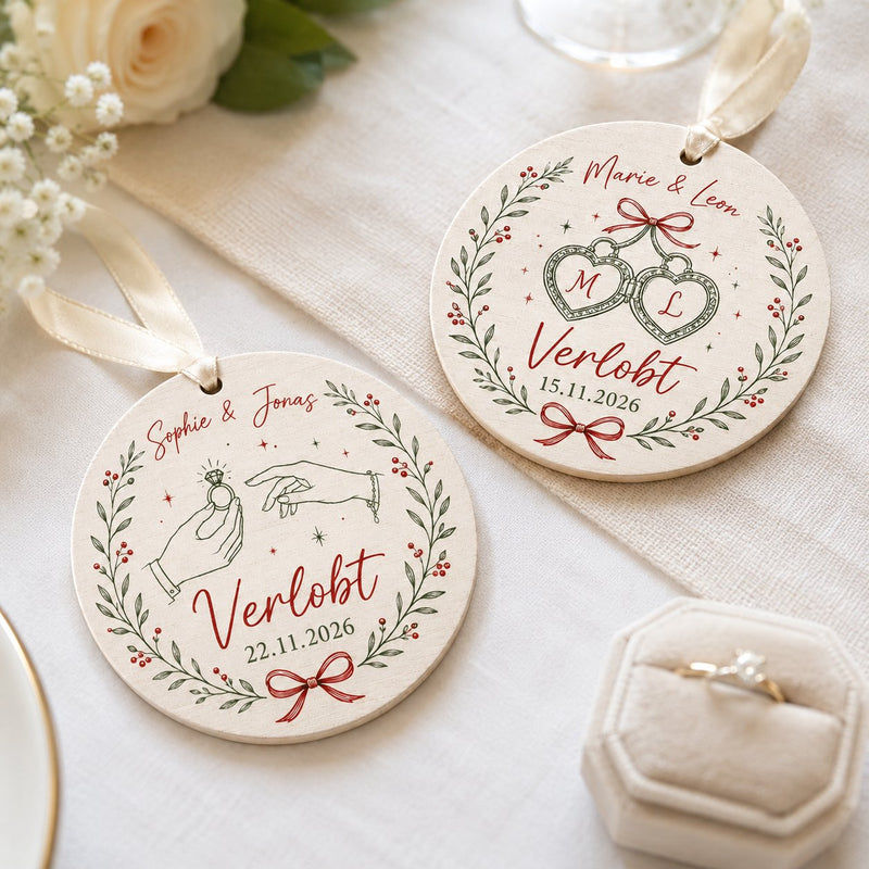 Verlobungsgeschenk Anhänger „Verlobt“ mit Namen und Datum