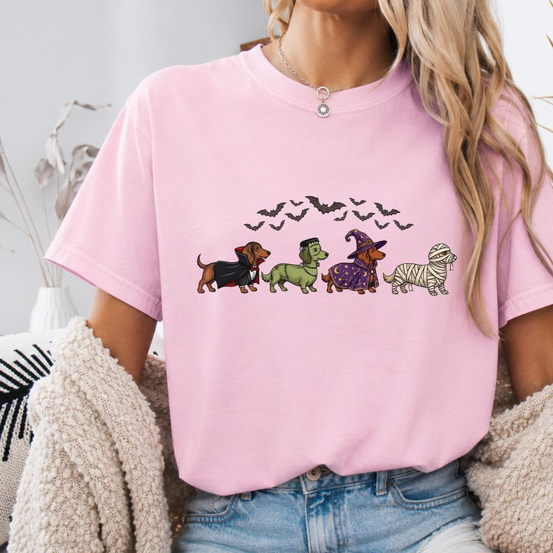 Halloween Dackel Shirt mit vier verkleideten Dackeln