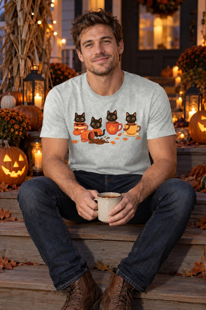 Herbst-Pullover mit schwarzen Katzen in Kaffeetassen