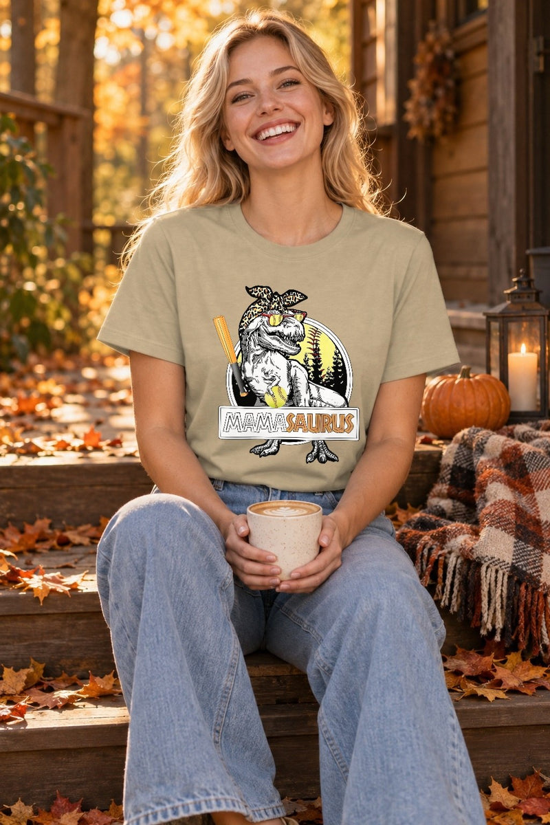 Mama-Shirt „Mamasaurus“ mit T-Rex mit Leo-Bandana, Sonnenbrille und Schläger