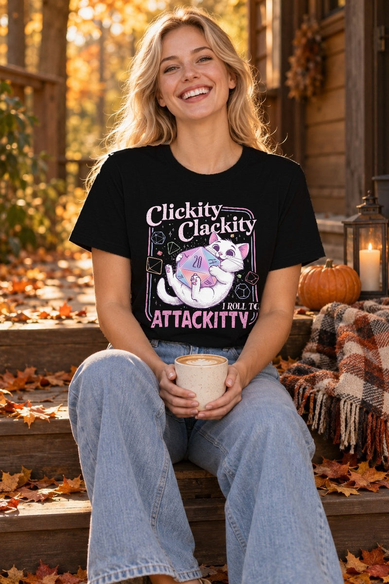 Katzen-Shirt „Clickity Clackity – I Roll to Attackitty“