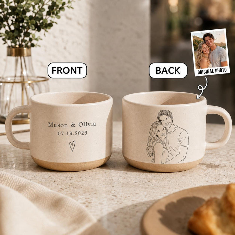 Pärchen-Tasse personalisiert mit Line-Art-Porträt nach eurem Foto, Namen & Datum