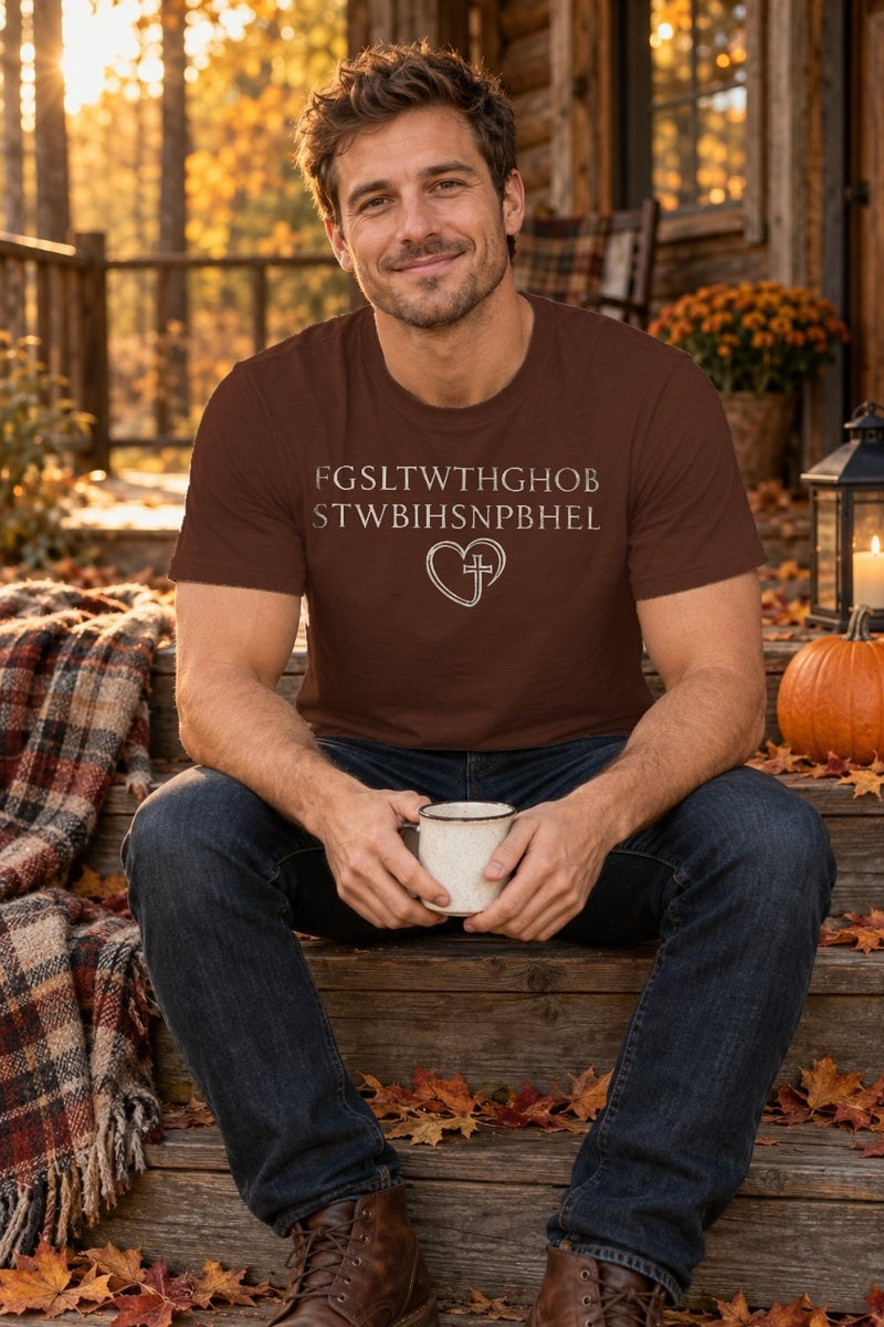 Christliches Shirt Johannes 3,16 als Code „FGSLTWTHGHOBS…“