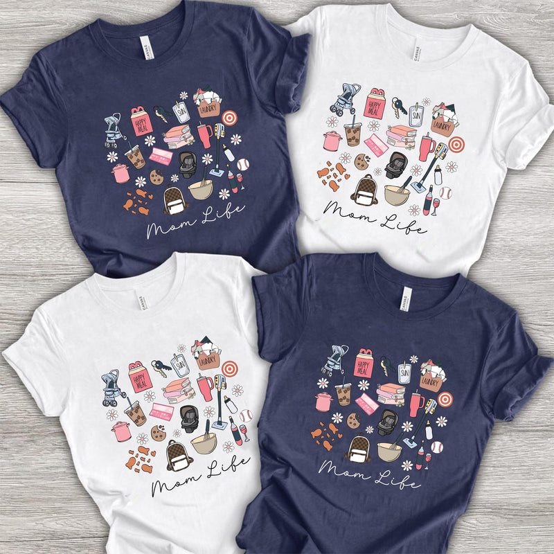 Mama-Shirt „Mom Life“ mit Alltags-Icons