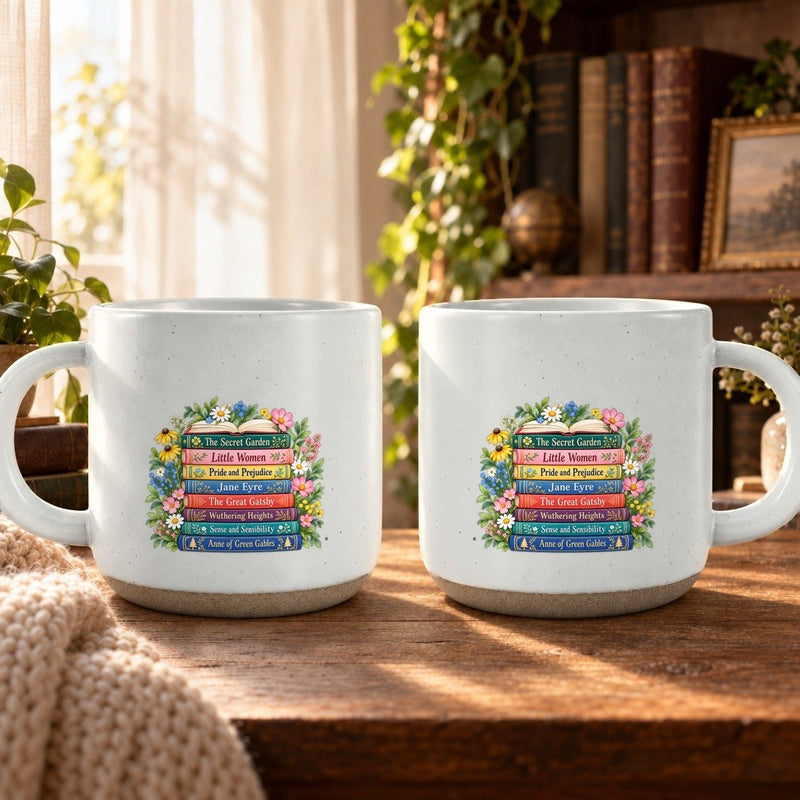 Bücher Tasse mit Bücherstapel und Wildblumen