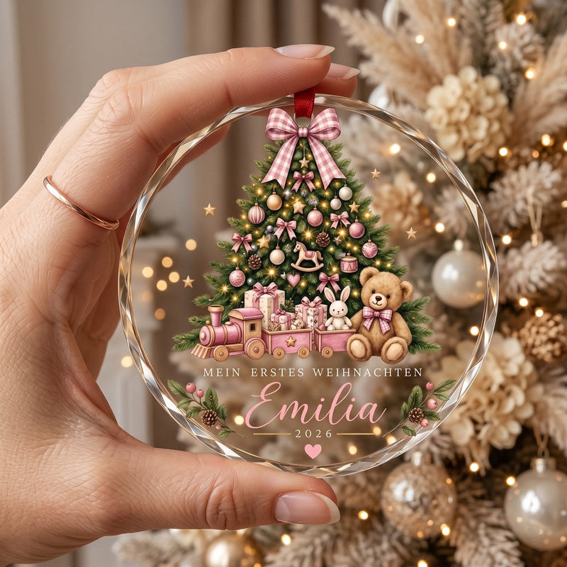 Mein erstes Weihnachten Glas-Anhänger mit Namen und Jahr – Tannenbaum mit Teddy