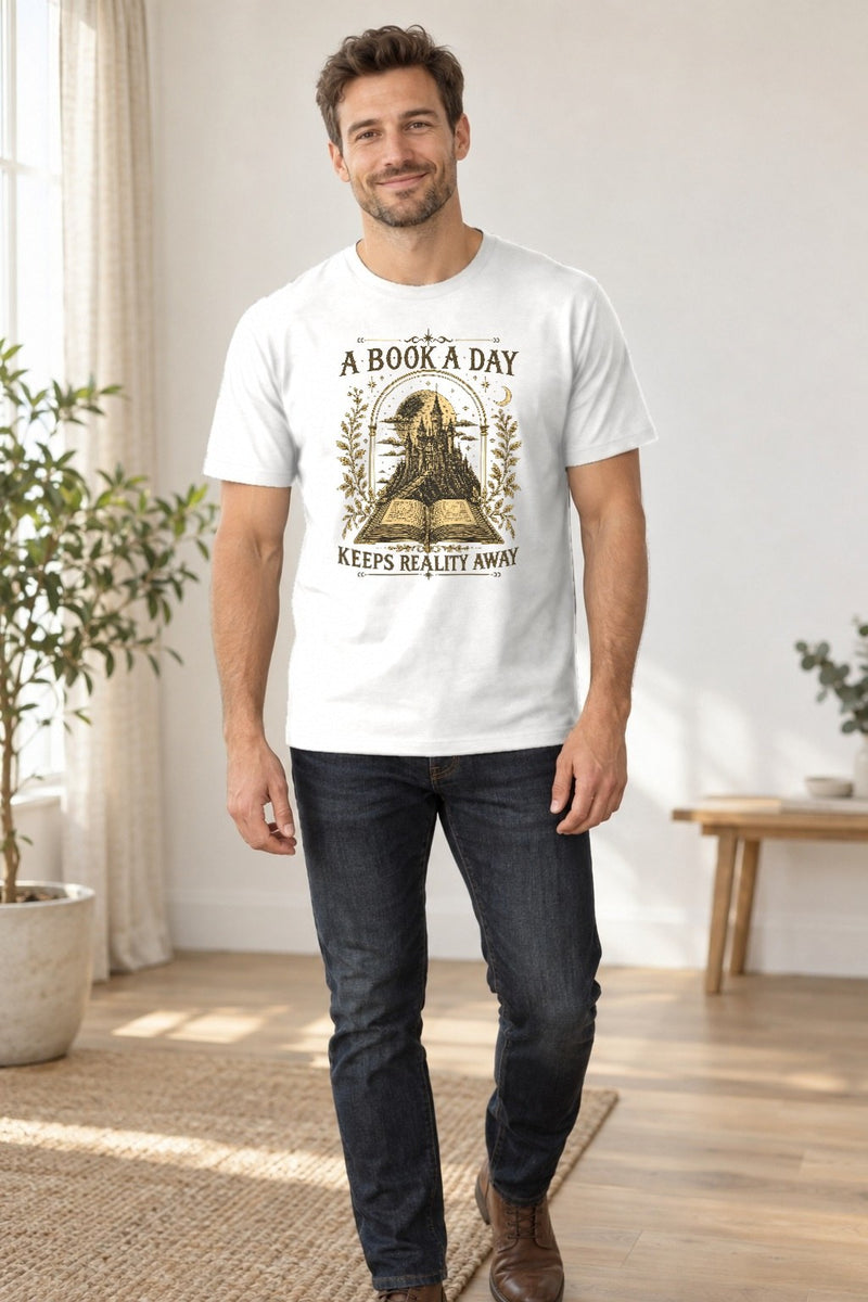 Buch-Shirt „A Book a Day Keeps Reality Away“