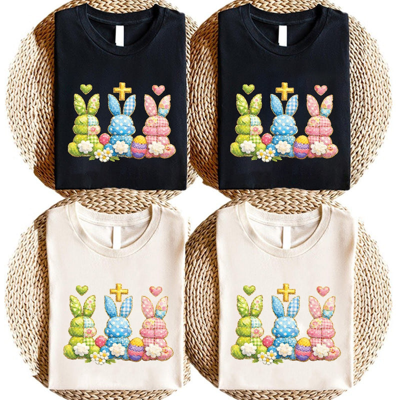 Christliches Oster T-Shirt drei Patchwork-Hasen mit Kreuz und Herz