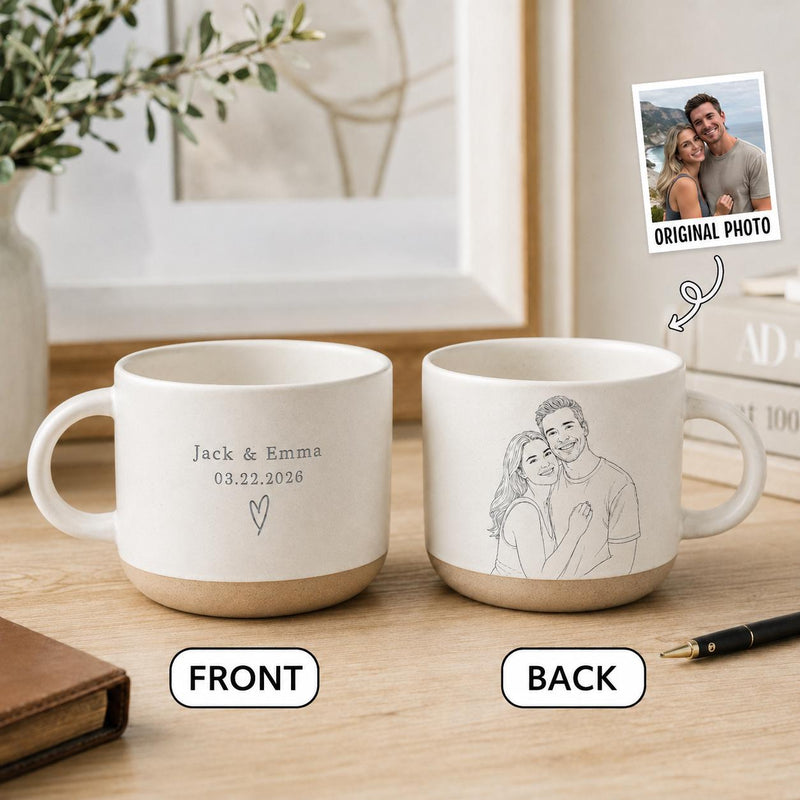 Pärchen-Tasse personalisiert mit Line-Art-Porträt nach eurem Foto, Namen & Datum
