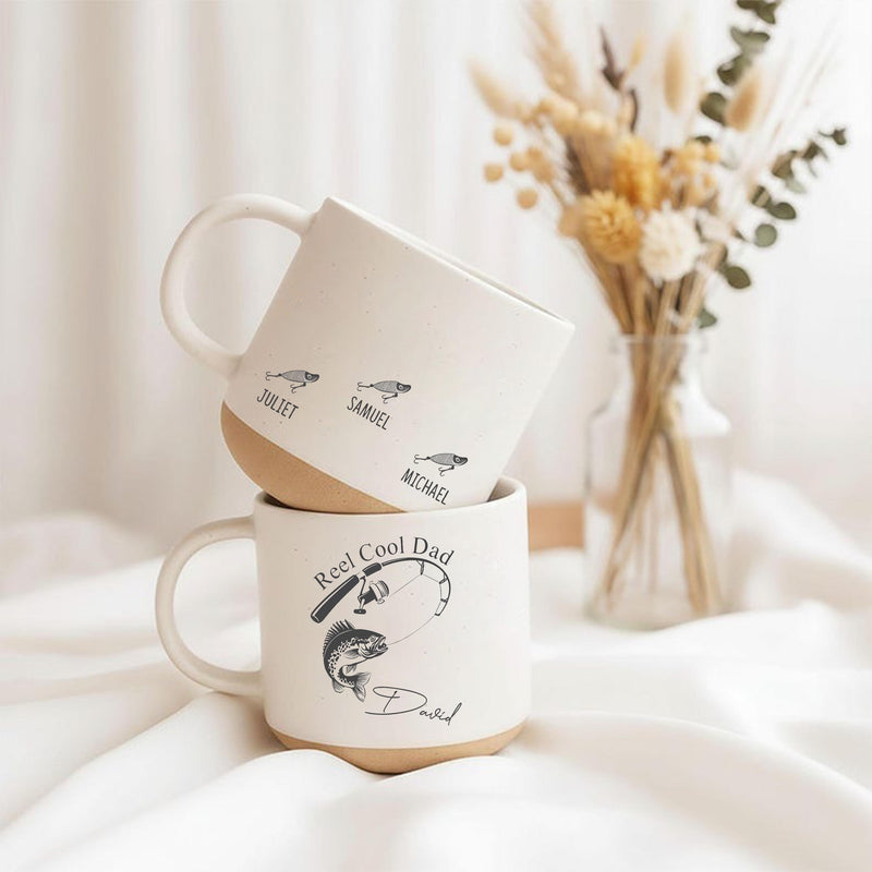 Personalisierte Angler-Tasse „Reel Cool Dad“ mit Namen und Kindernamen