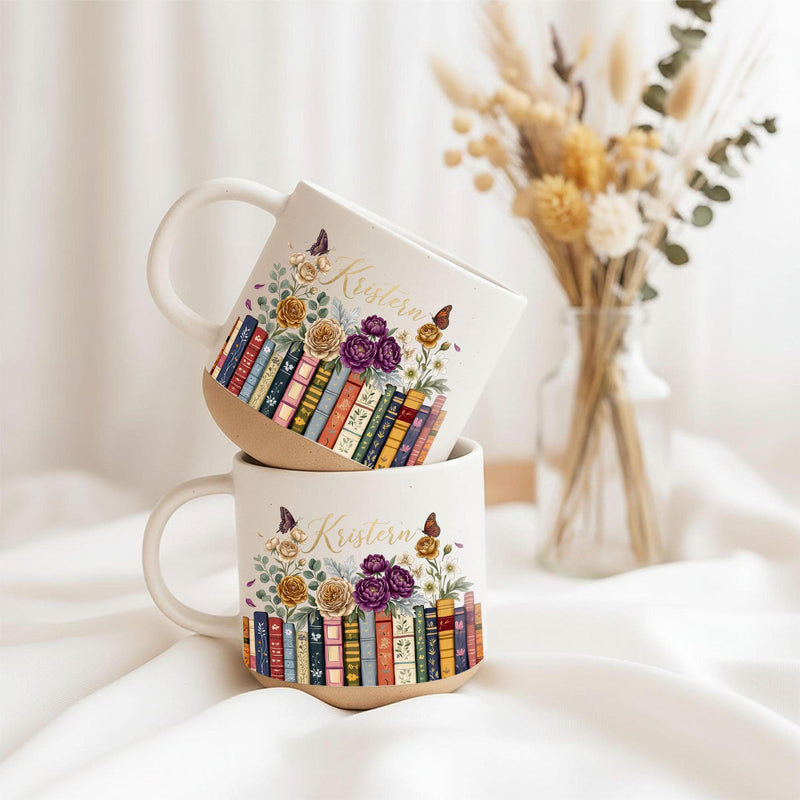 Bücher-Tasse mit Rosen und Namen