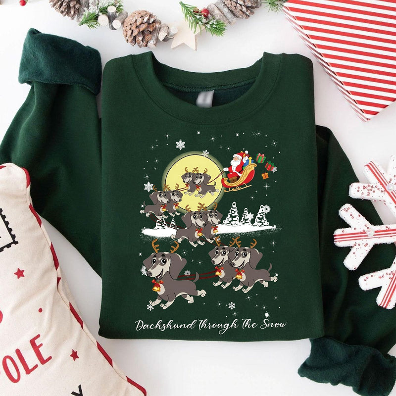 Dackel Weihnachtspullover „Dachshund Through the Snow“ – Dackel als Rentiere …