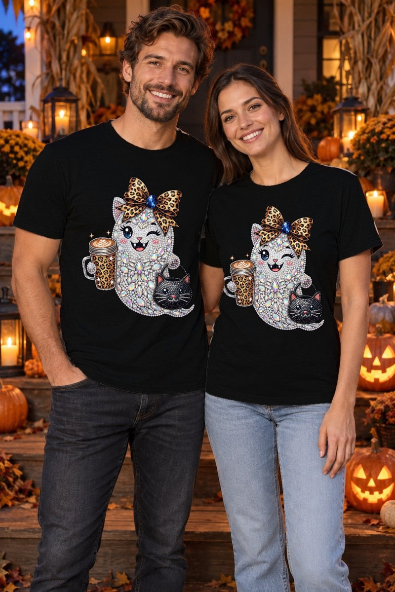 Glitzer-Geist-Shirt in Strass-Optik mit Leo-Schleife, Latte und schwarzer Katze