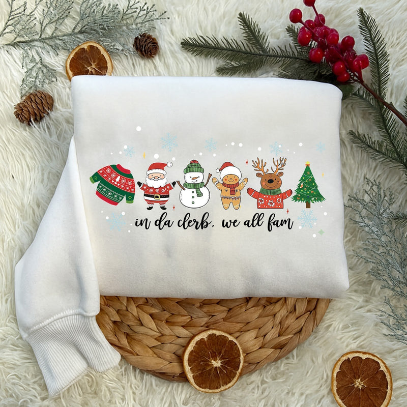 Lustiger Weihnachtspullover „in da clerb, we all fam“