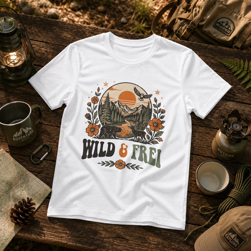 Camping-Shirt „Wild & Frei“ mit Bergen, Sonnenuntergang und Bär