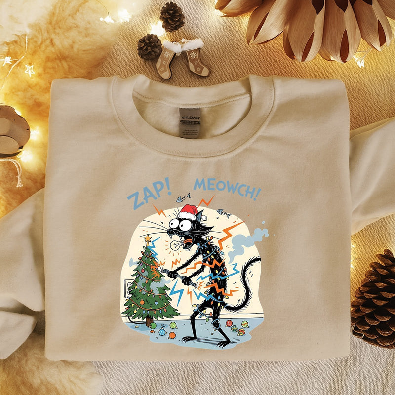 Lustiger Weihnachtspullover schwarze Katze „ZAP! MEOWCH!“