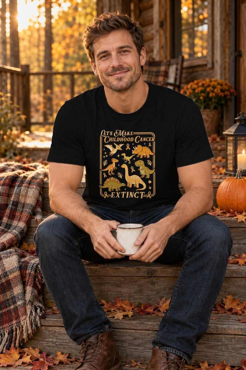 Kinderkrebs-Shirt mit Dinosauriern „Let's Make Childhood Cancer Extinct“