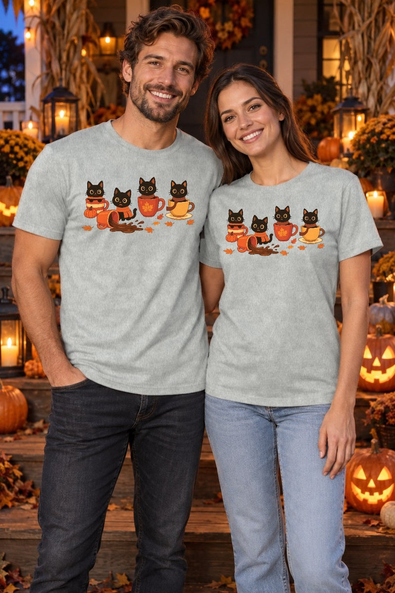 Herbst-Pullover mit schwarzen Katzen in Kaffeetassen