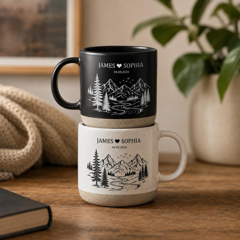 Pärchen-Tasse mit Bergen personalisiert mit Namen und Datum