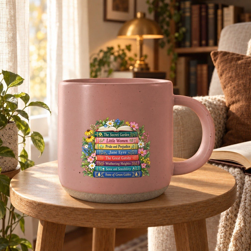 Bücher Tasse mit Bücherstapel und Wildblumen