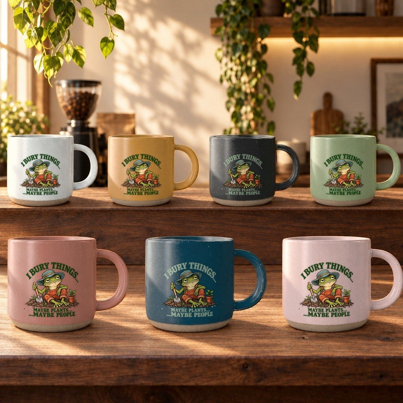 Frosch-Tasse für Gärtner „I Bury Things… Maybe Plants… Maybe People“