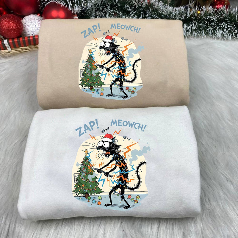 Lustiger Weihnachtspullover schwarze Katze „ZAP! MEOWCH!“