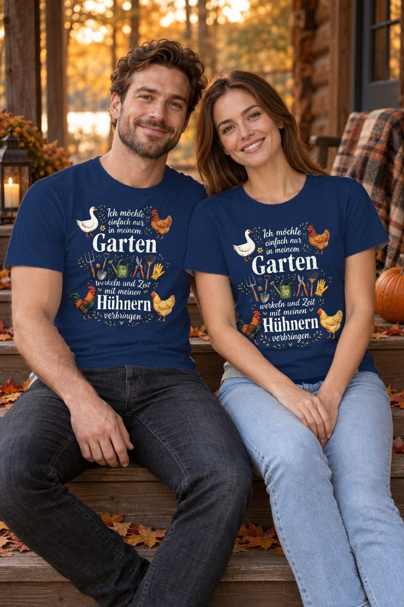 Garten T-Shirt mit Hühnern „Ich möchte einfach nur in meinem Garten werkeln“