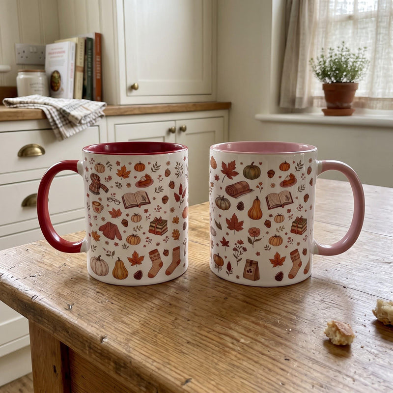Gemütliche Herbst-Tasse mit Kürbis, Büchern und Pullover-Muster