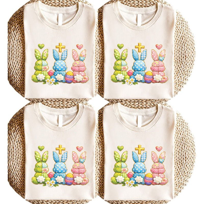 Christliches Oster T-Shirt drei Patchwork-Hasen mit Kreuz und Herz