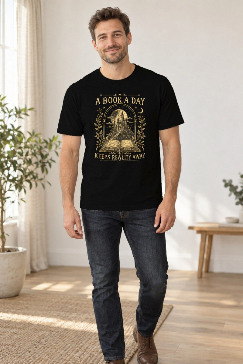 Buch-Shirt „A Book a Day Keeps Reality Away“
