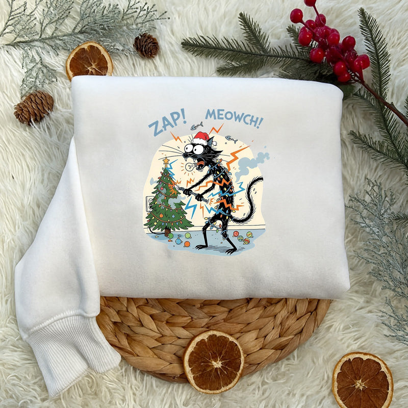 Lustiger Weihnachtspullover schwarze Katze „ZAP! MEOWCH!“