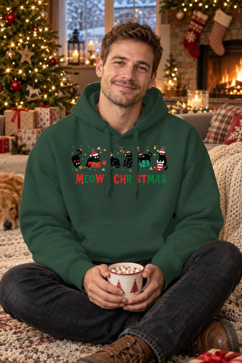 Weihnachtspullover schwarze Katze „Meowy Christmas“