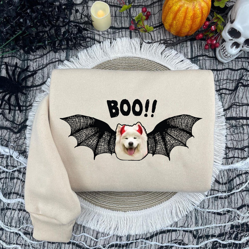 Halloween-Pullover mit Foto deines Hundes „BOO!!“