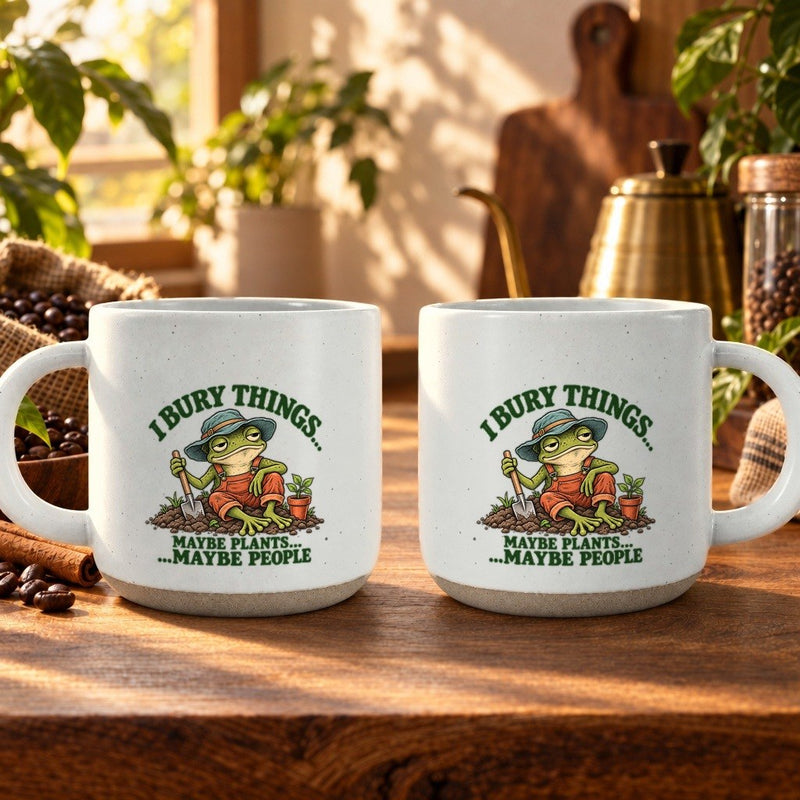 Frosch-Tasse für Gärtner „I Bury Things… Maybe Plants… Maybe People“