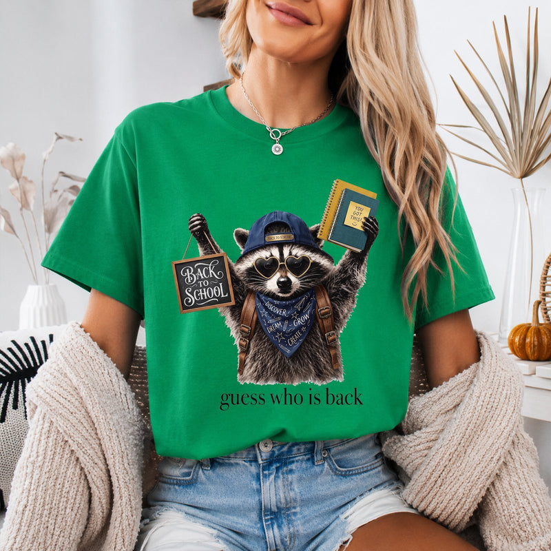 Back to School T-Shirt Waschbär „guess who is back“