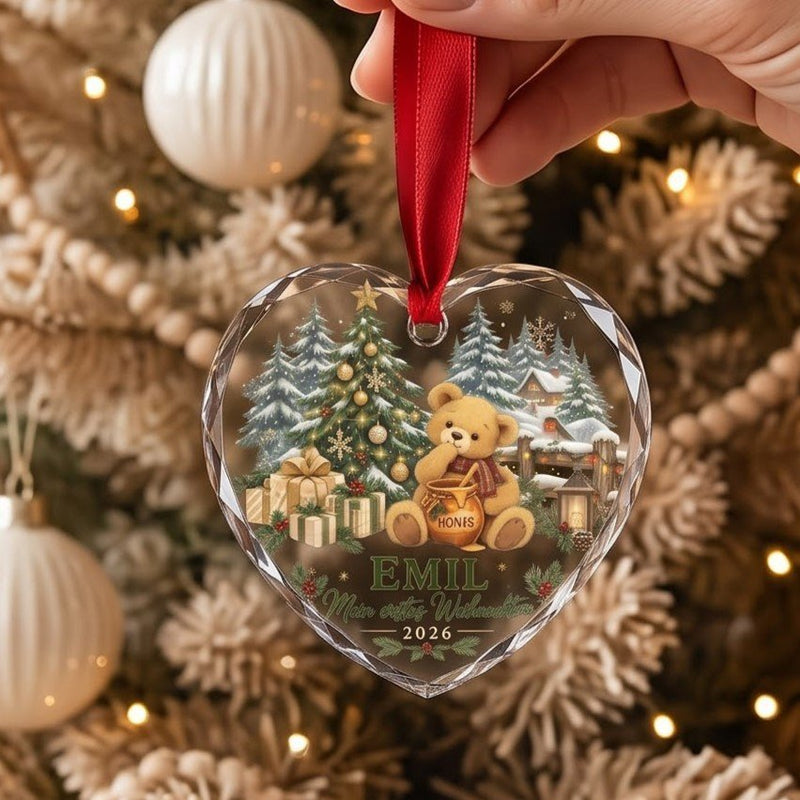 Mein erstes Weihnachten Glas-Anhänger mit Namen und Jahr – Teddy mit Honigtopf