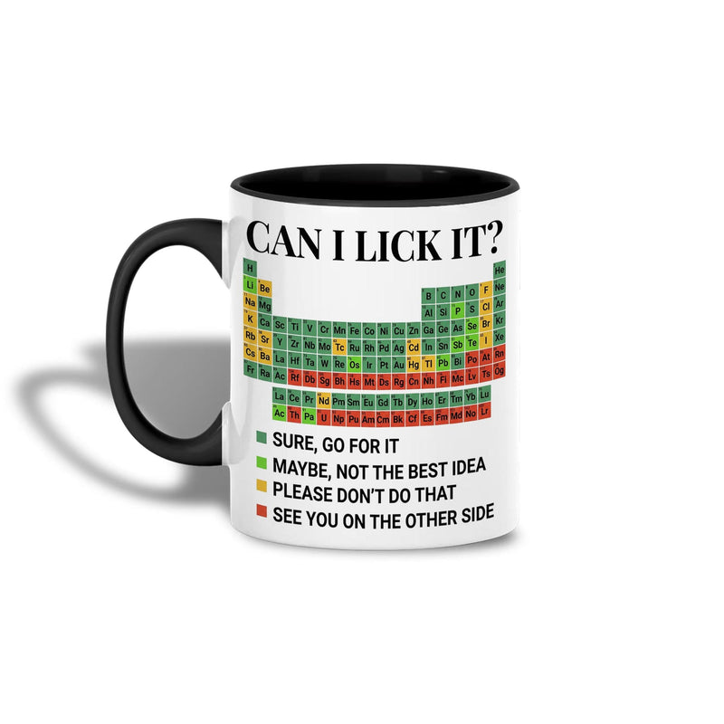 Lustige Chemie-Tasse „Can I Lick It?“ mit Periodensystem