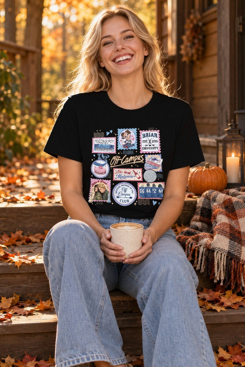 Bookish Shirt Off Campus mit Briefmarken-Collage