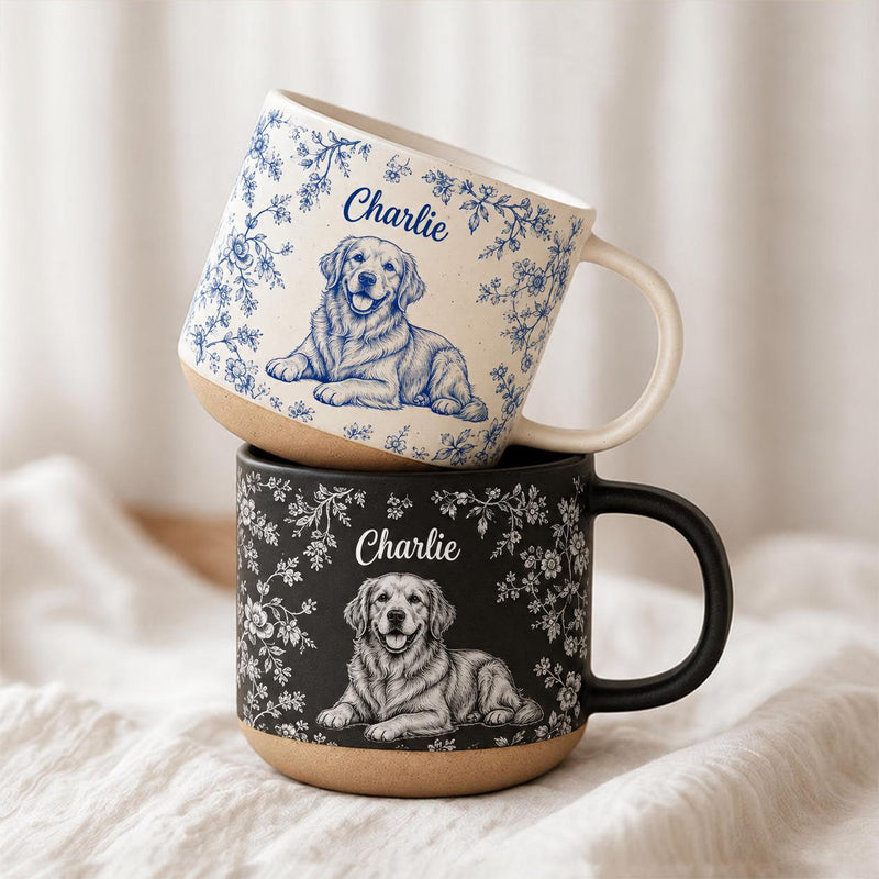 Hunde-Tasse personalisiert mit Porträt nach Foto und Namen – Blumenranken im …
