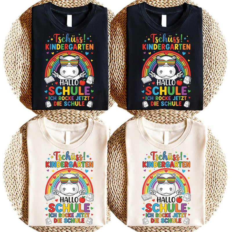 Einschulung T-Shirt Einhorn „Tschüss Kindergarten – Hallo Schule, ich rocke …“