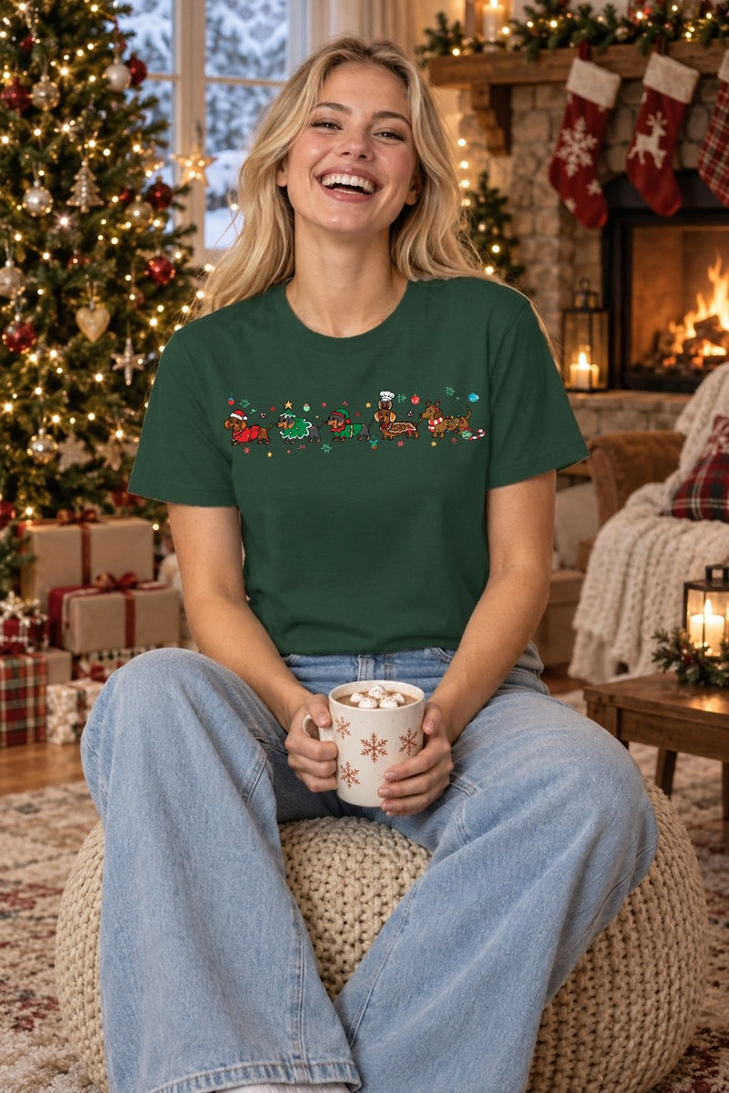 Dackel Weihnachtspullover – fünf Dackel als Weihnachtsmann