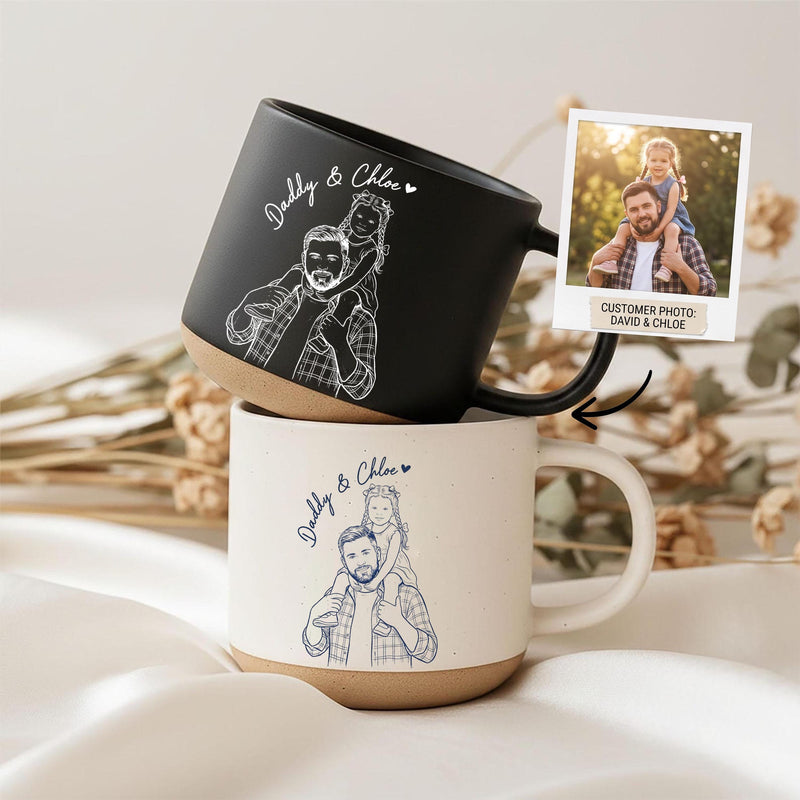 Personalisierte Foto-Tasse mit Line-Art-Porträt und Namen