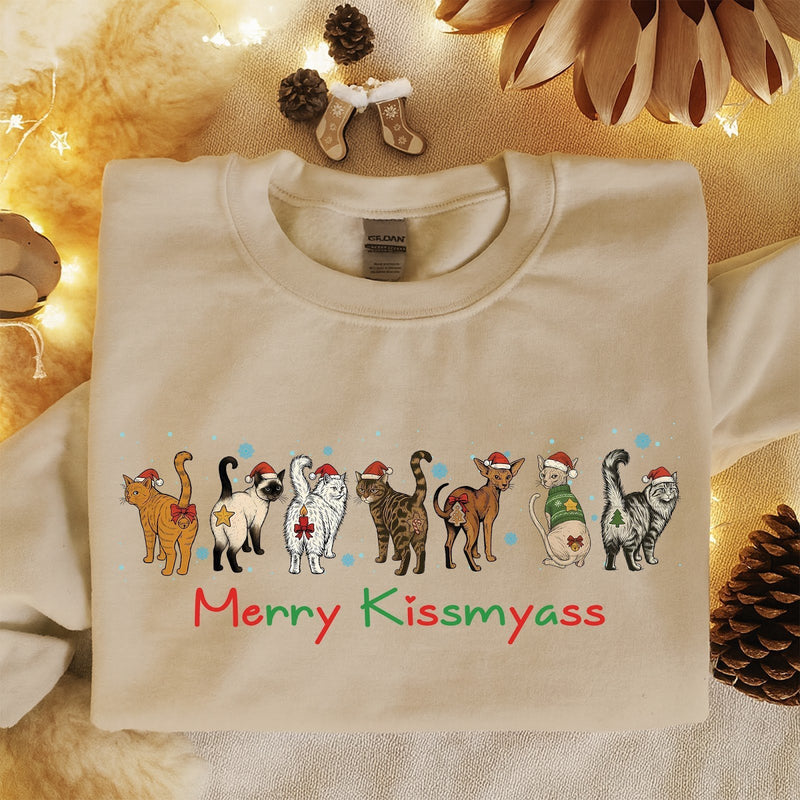 Lustiger Weihnachtspullover Katzen „Merry Kissmyass“