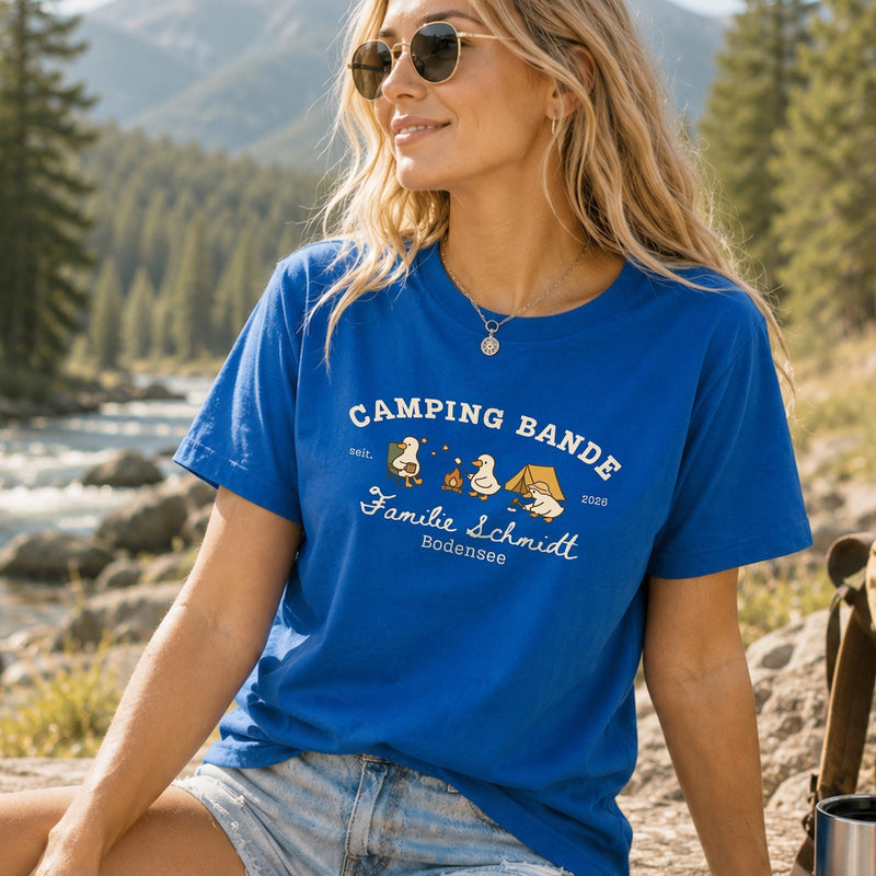 Camping T-Shirt „Camping Bande“ personalisiert mit Familienname, Ort und Jahr