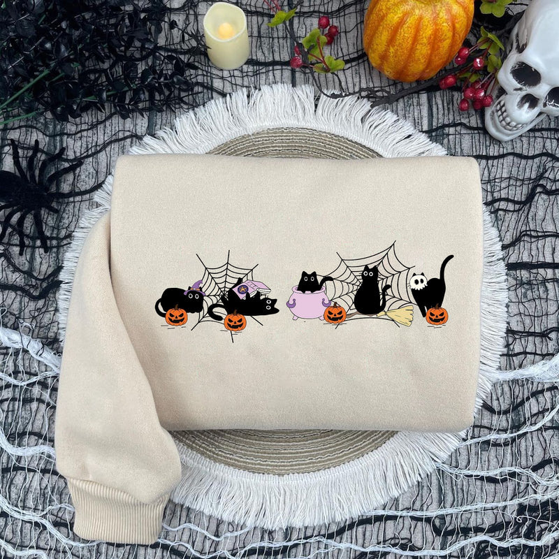 Halloween Pullover Katze – schwarze Katzen mit Spinnennetzen